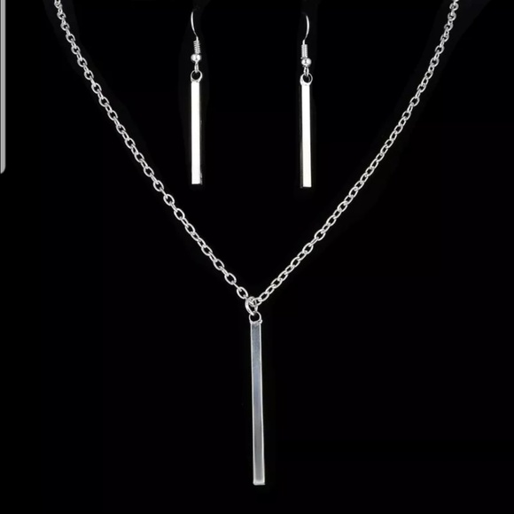 silver bar earrings Pendant necklace Jewelry - Earrings & Necklace Set Silver Color Chain